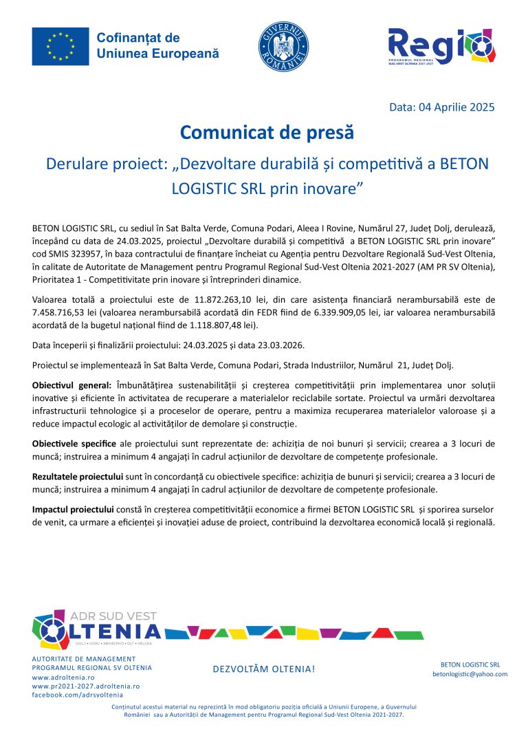 Comunicat de presă BETON LOGISTIC SRL