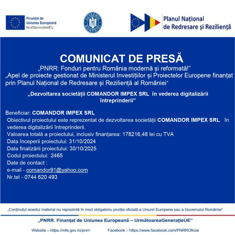 Comunicat de presă COMANDOR IMPEX SRL