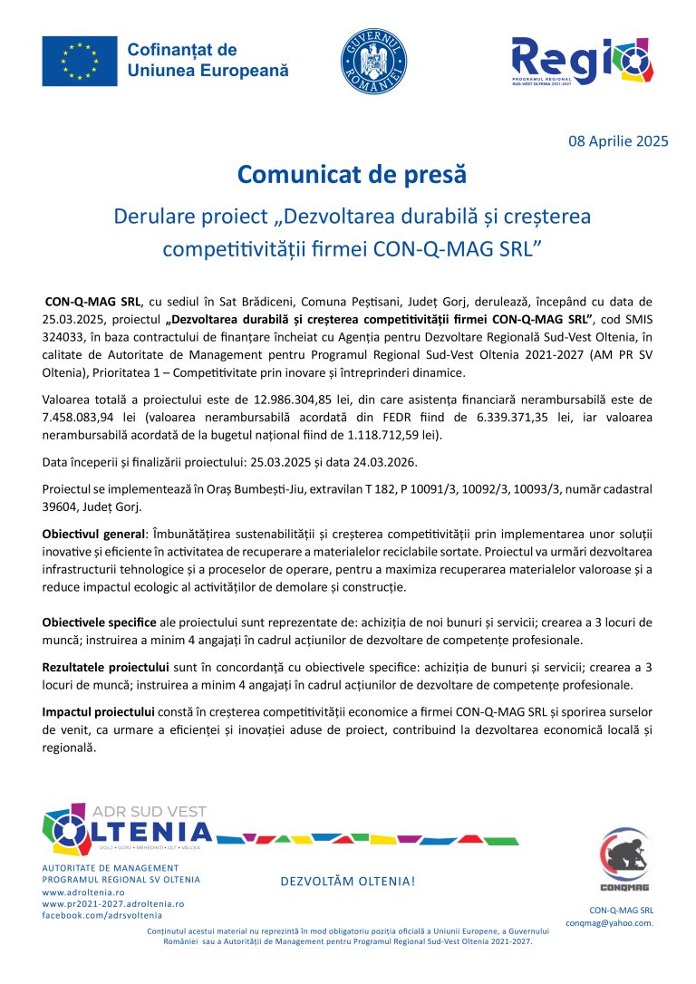 Comunicat de presă CON-Q-MAG SRL