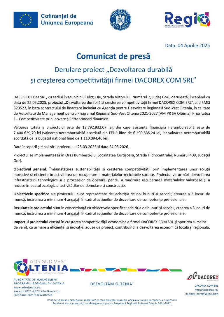 Comunicat de presă DACOREX COM SRL