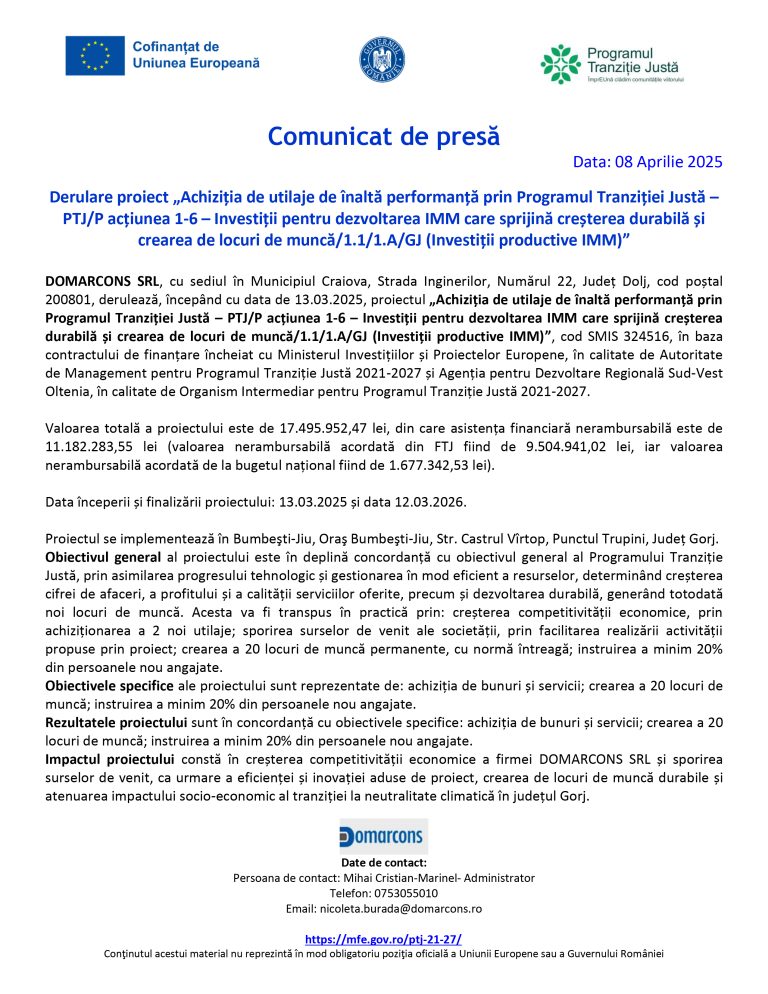 Comunicat de presă DOMARCONS SRL