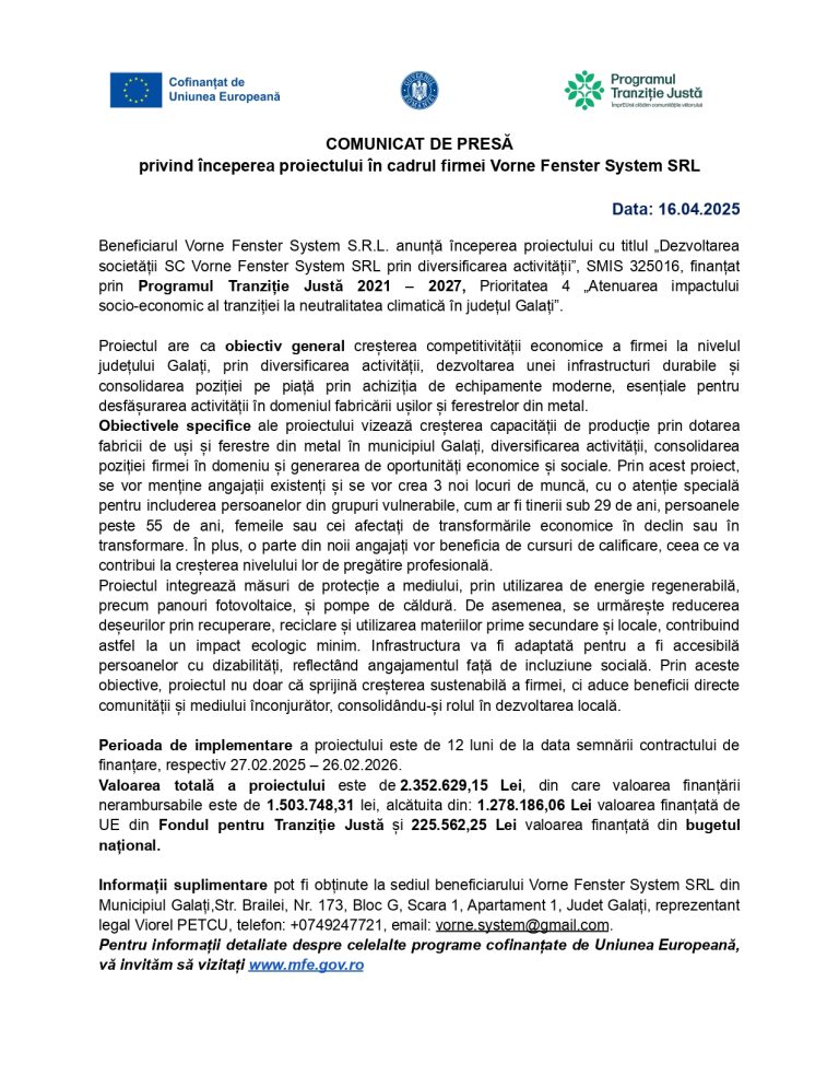 Comunicat de presă Vorne Fenster System SRL