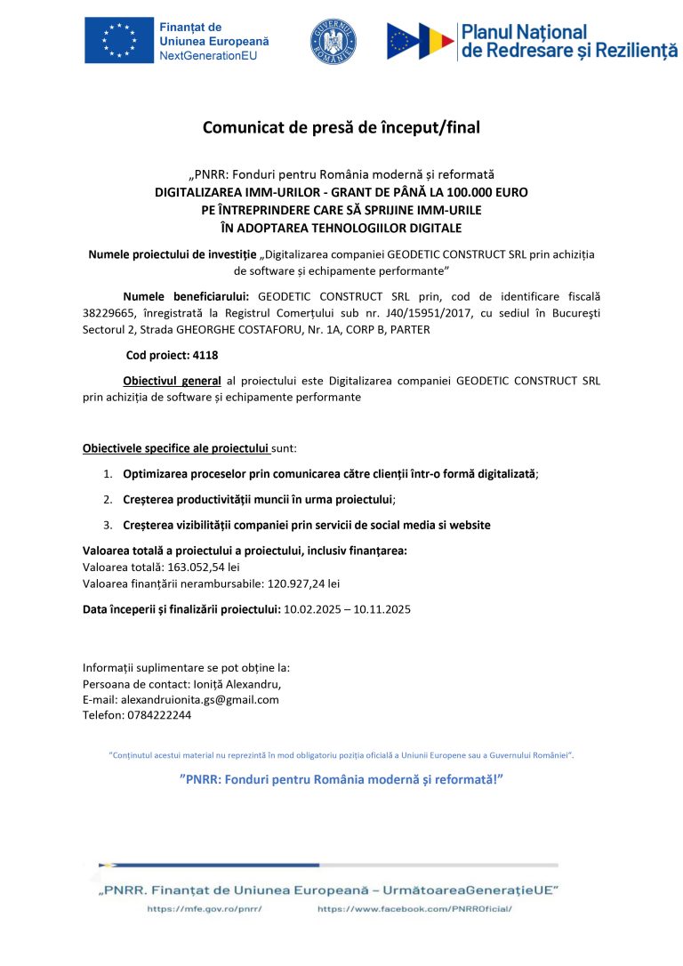 Comunicat de presă GEODETIC CONSTRUCT SRL
