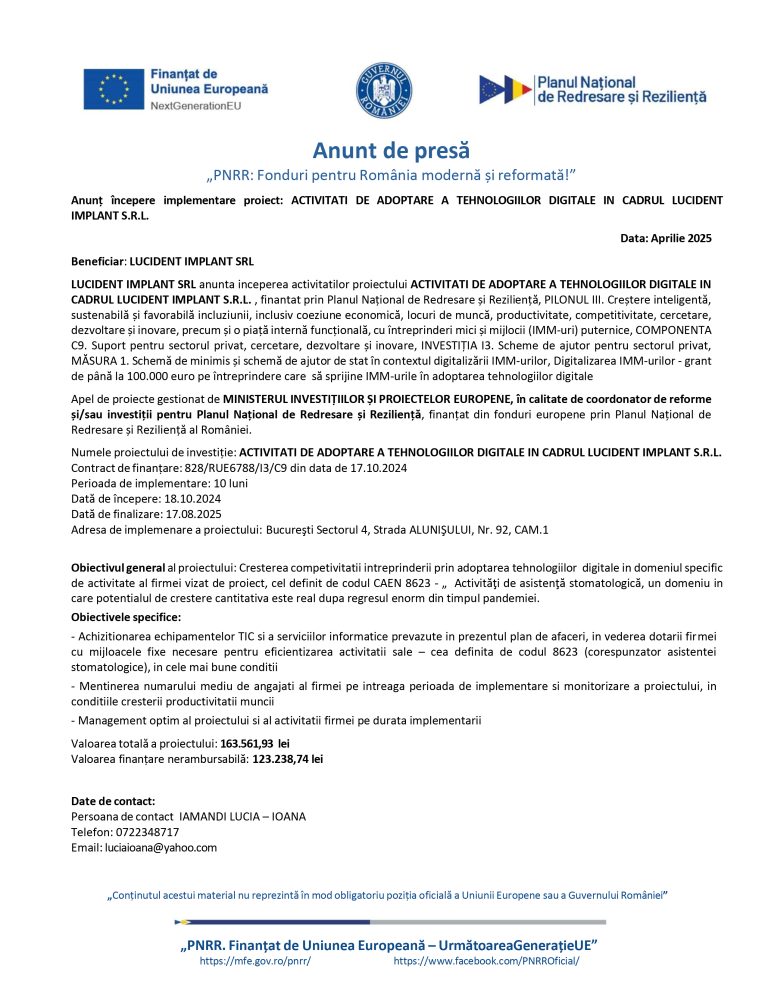 Comunicat de presă LUCIDENT IMPLANT SRL
