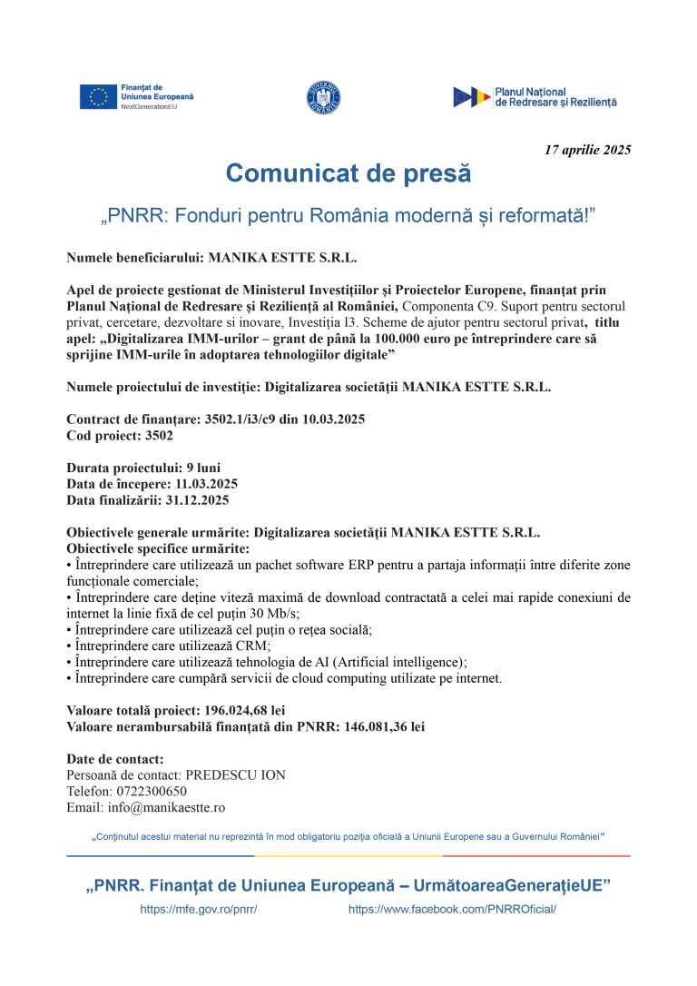 Comunicat de presă MANIKA ESTTE S.R.L.