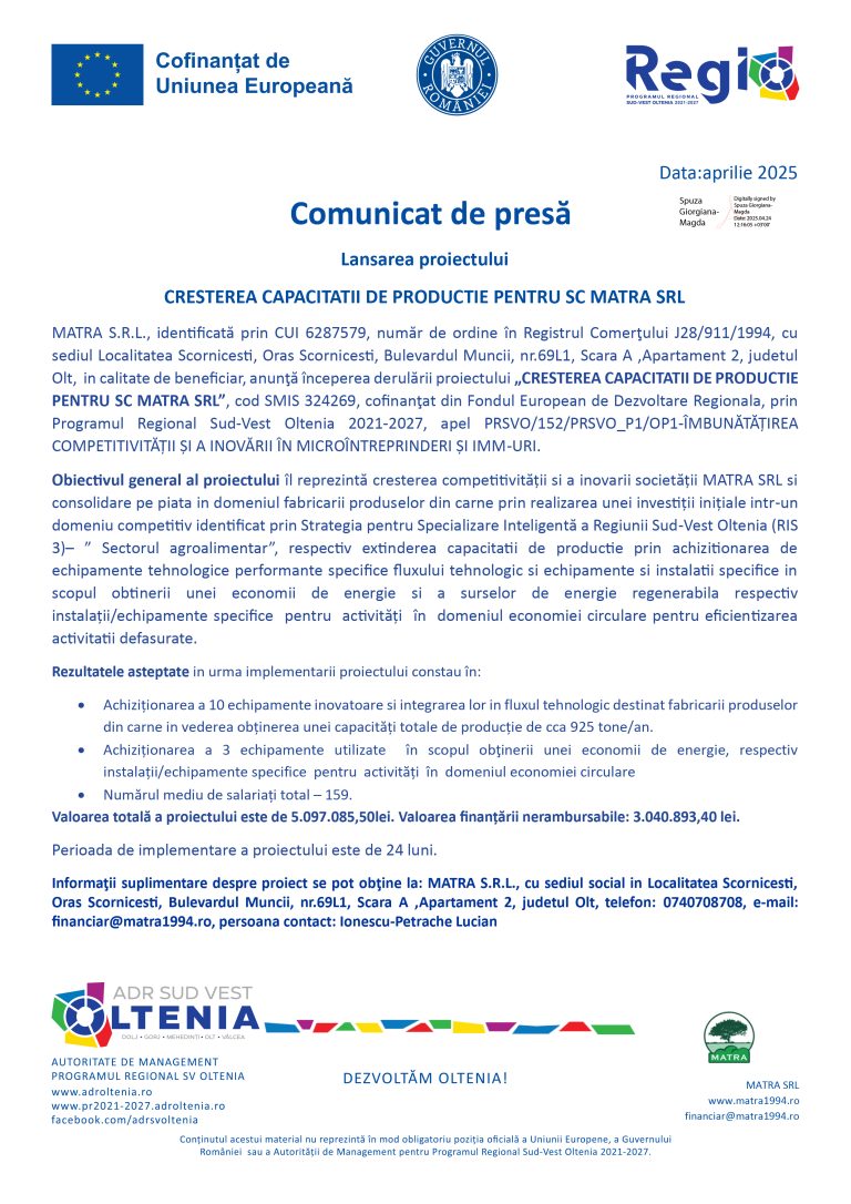 Comunicat de presă MATRA S.R.L.