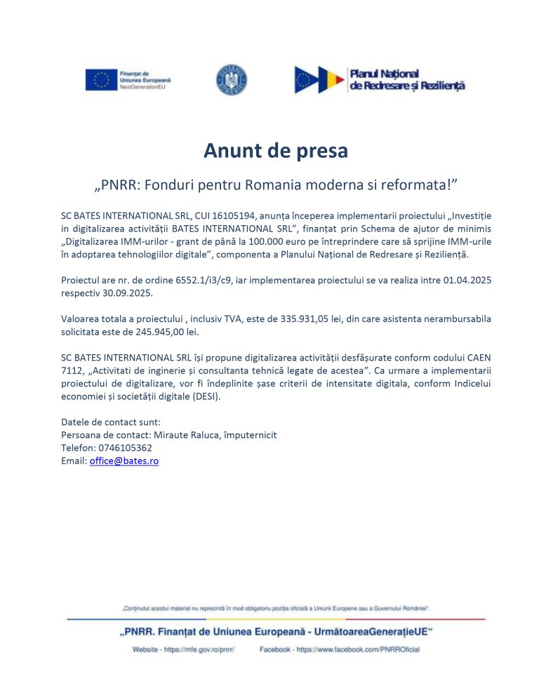 Comunicat de presă SC BATES INTERNATIONAL SRL