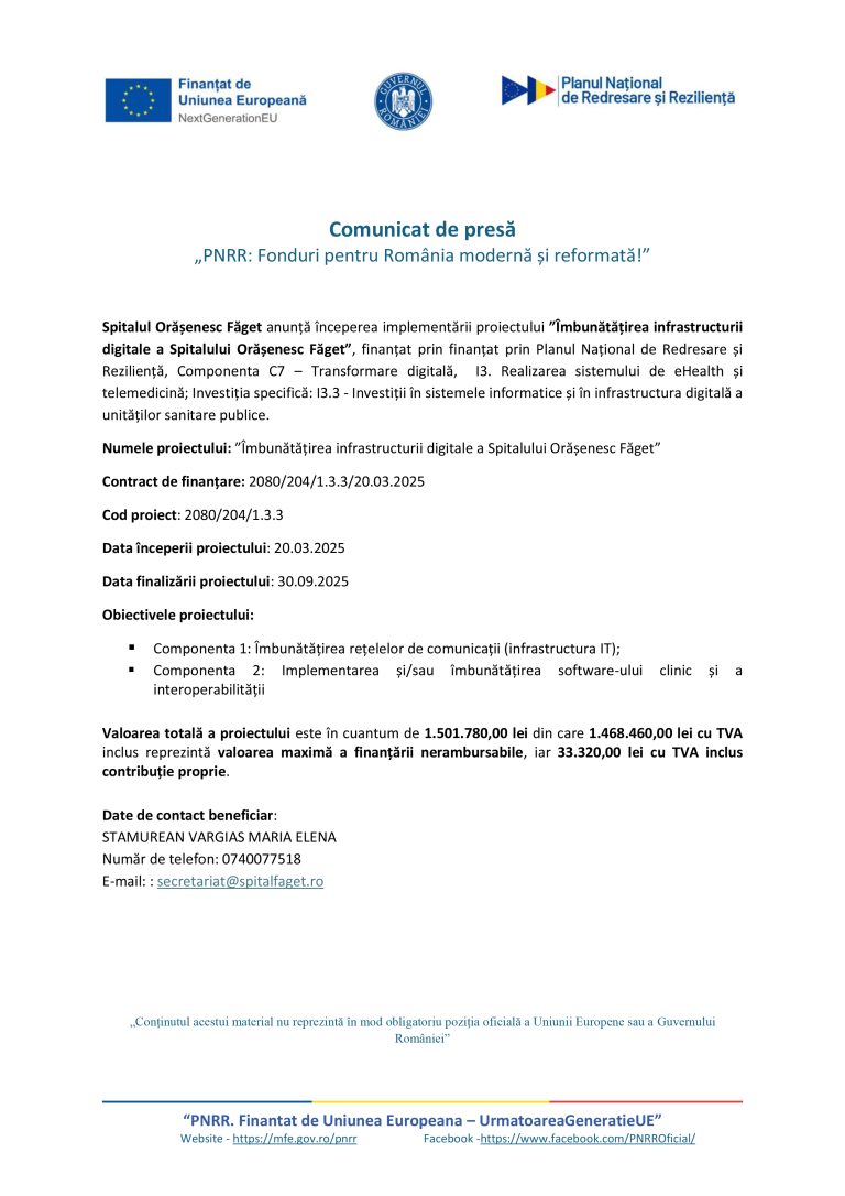 Comunicat de presă Spitalul Orășenesc Făget