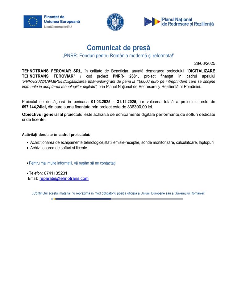 Comunicat de presă TEHNOTRANS FEROVIAR SRL