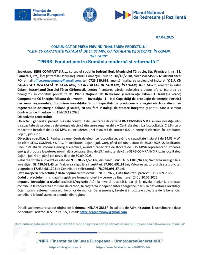 Comunicat de presă SERG COMPANY SRL