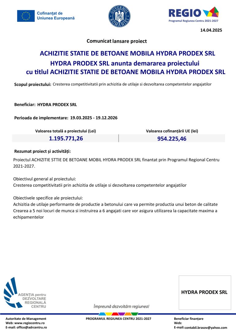 Comunicat lansare proiect HYDRA PRODEX SRL