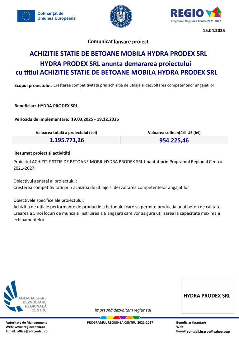 Comunicat lansare proiect HYDRA PRODEX SRL