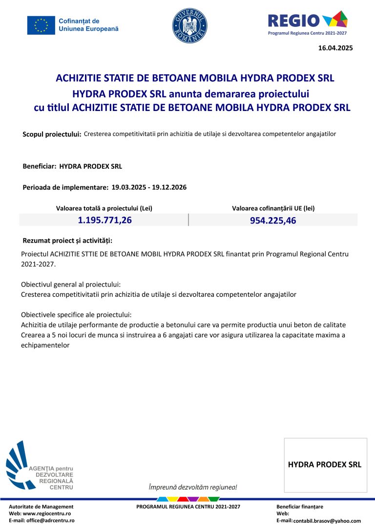 Comunicat lansare proiect HYDRA PRODEX SRL