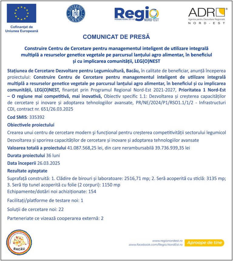 Comunicat de Presă Stațiunea de Cercetare Dezvoltare pentru Legumicultură
