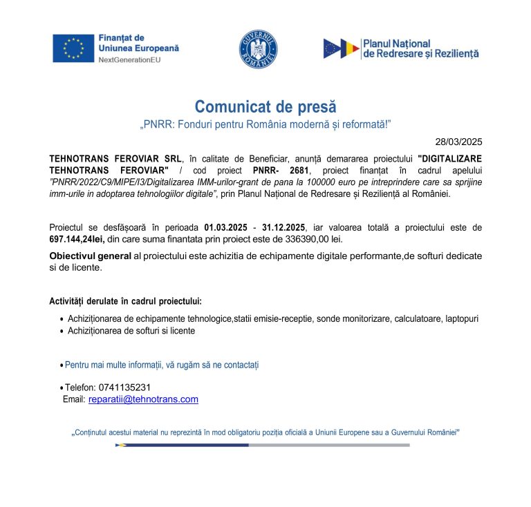 Comunicat de presă TEHNOTRANS FEROVIAR SRL