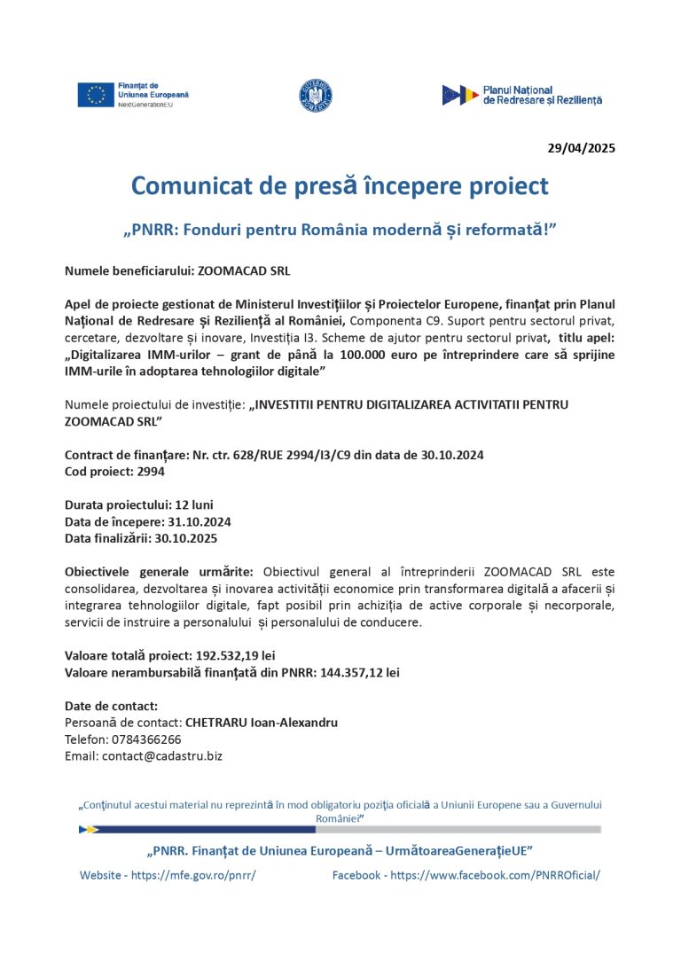 Comunicat de presă ZOOMACAD SRL
