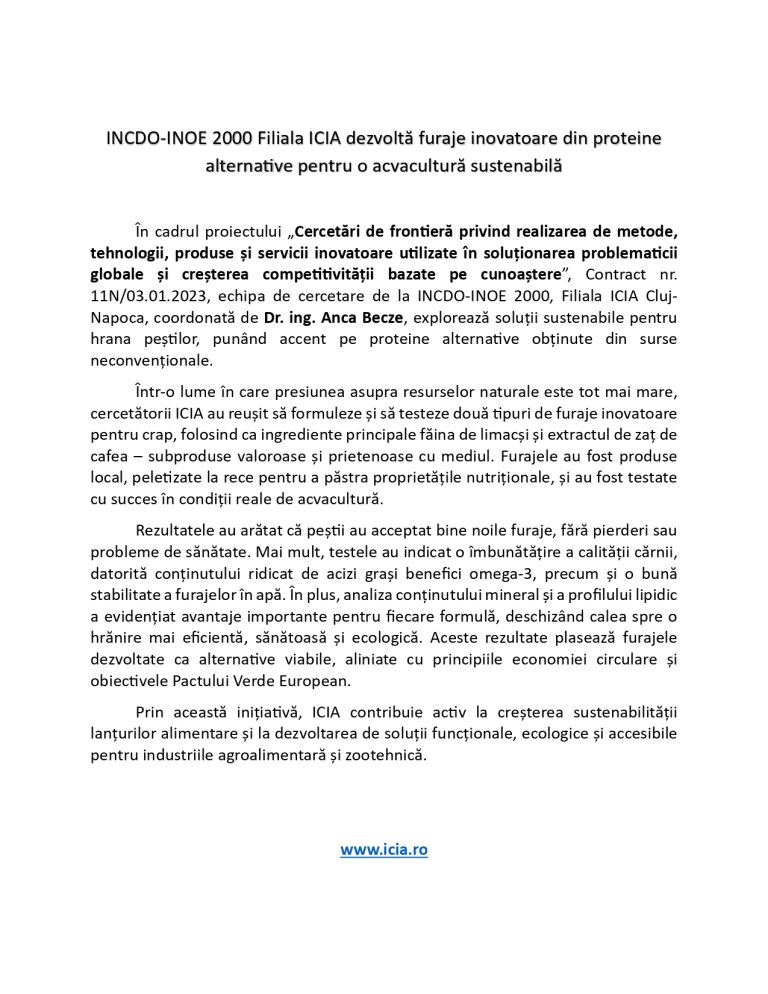 INCDO-INOE 2000 Filiala ICIA dezvoltă furaje inovatoare din proteine alternative pentru o acvacultură sustenabilă