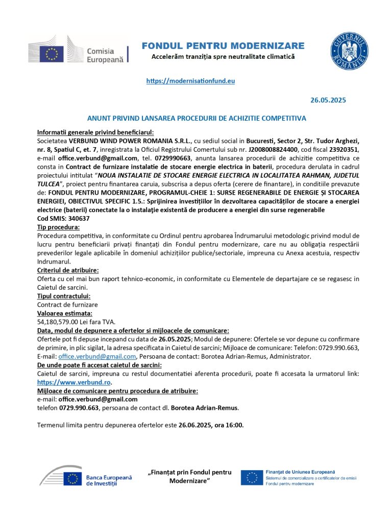 Comunicat de presă VERBUND WIND POWER ROMANIA SRL