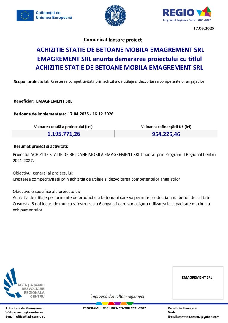 Comunicat lansare proiect EMAGREMENT SRL