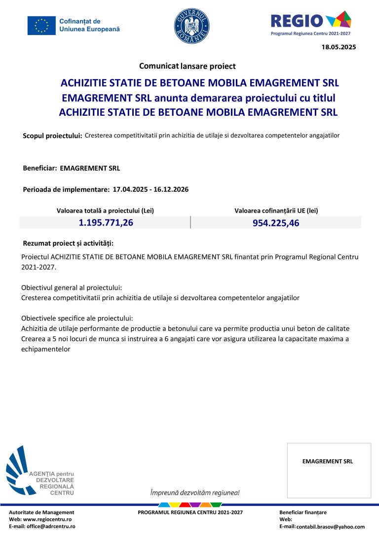 Comunicat lansare proiect EMAGREMENT SRL