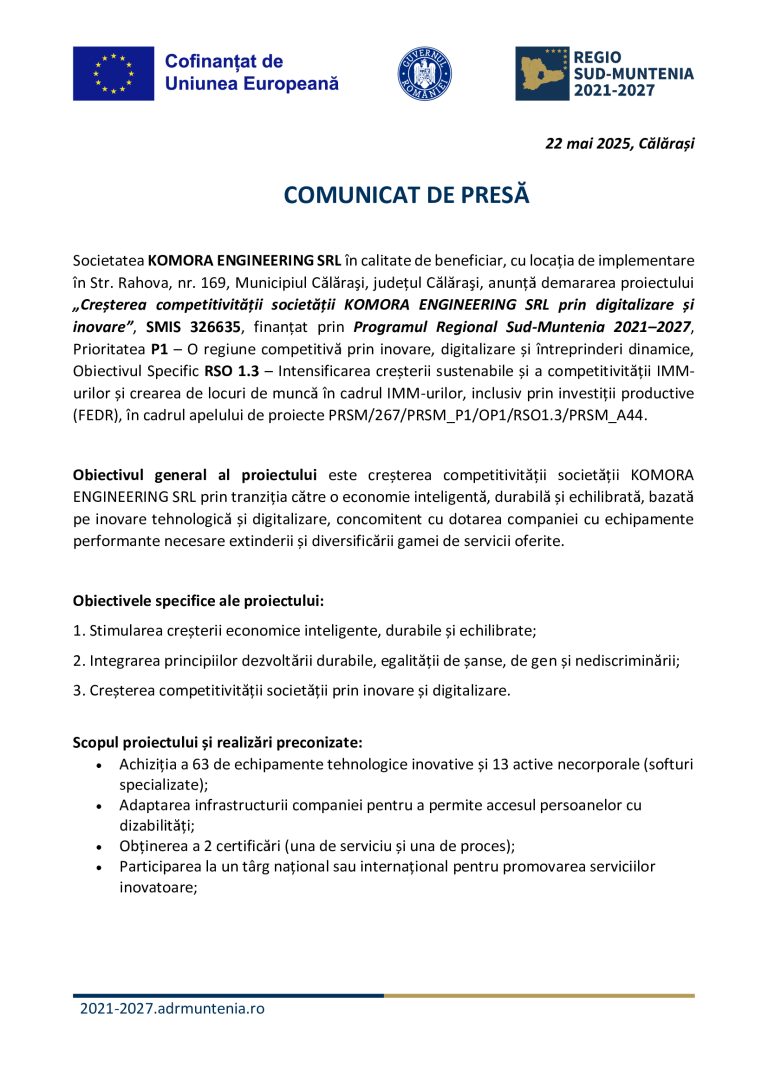 Comunicat de presă KOMORA ENGINEERING SRL