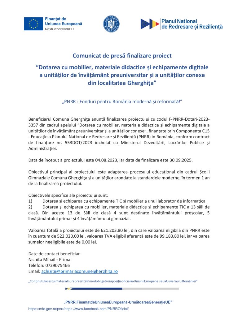 Comunicat de presă Comuna Gherghiță