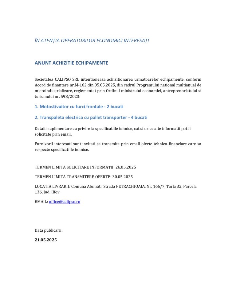 Anunț de presă Calipso SRL
