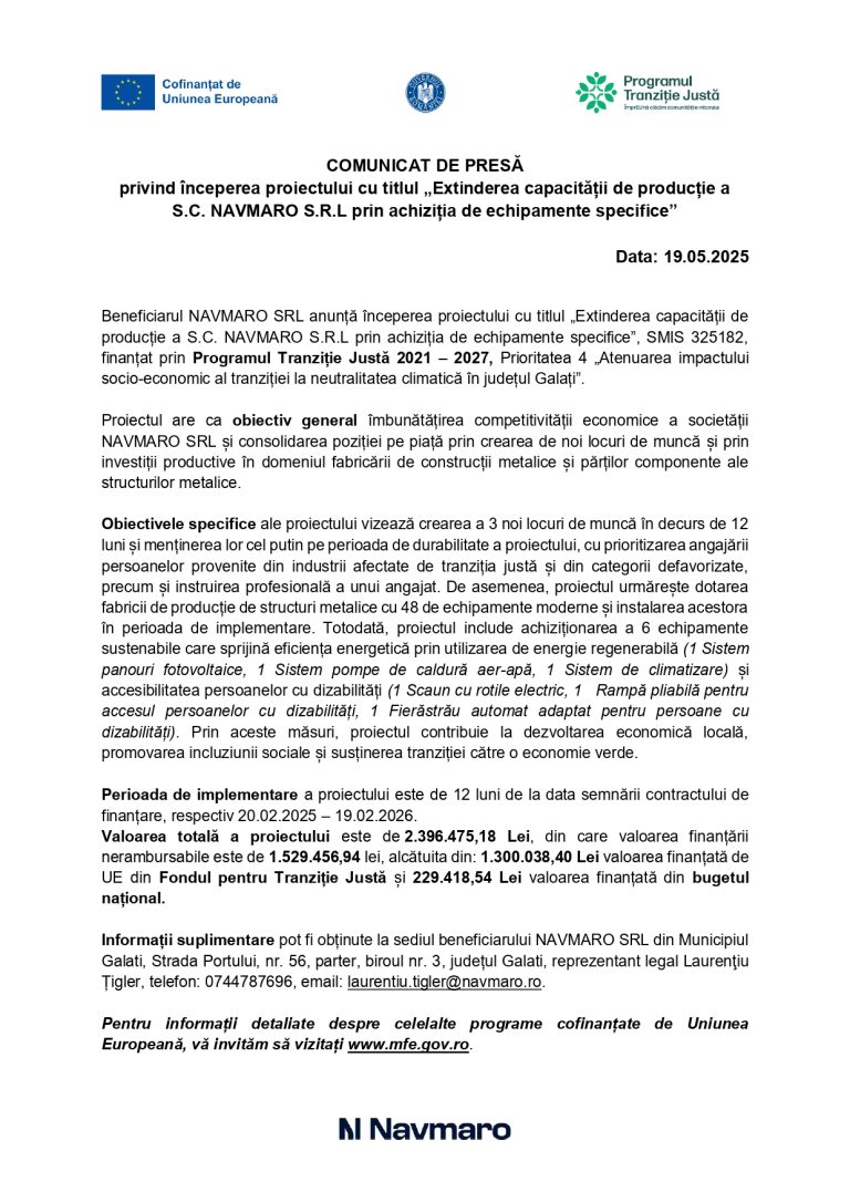 Comunicat de presă NAVMARO SRL