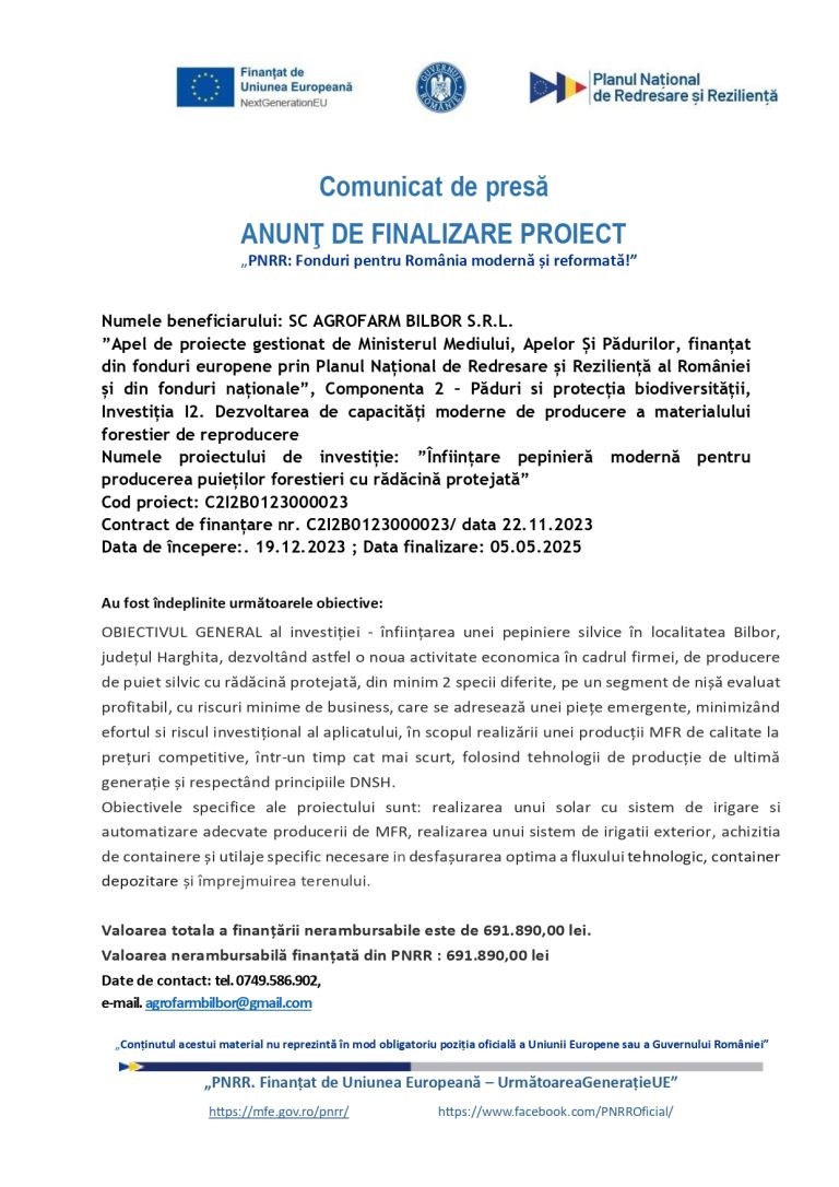 Comunicat de presă AGROFARM BILBOR SRL