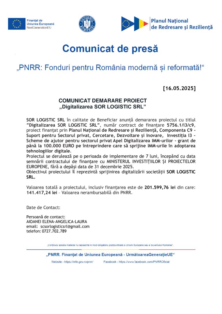 Comunicat de presă SOR LOGISTIC SRL