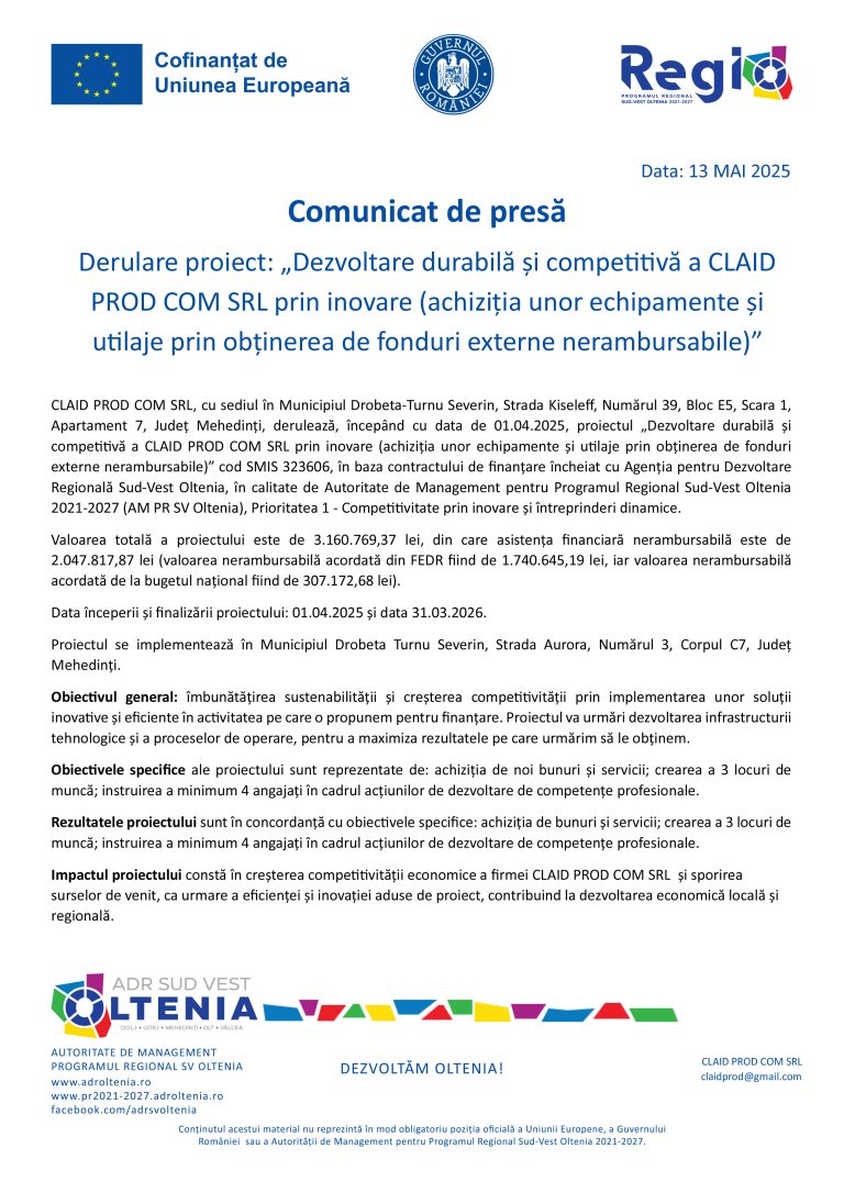 Comunicat de presă CLAID PROD COM SRL