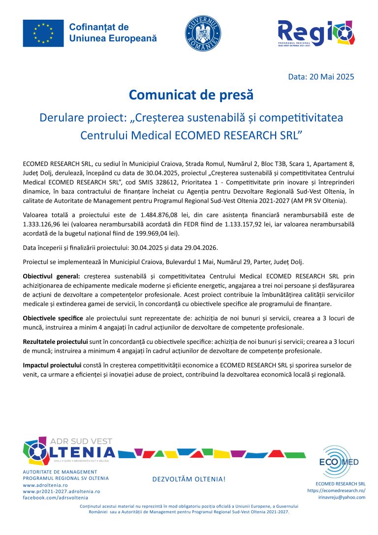 Comunicat de presă ECOMED RESEARCH SRL