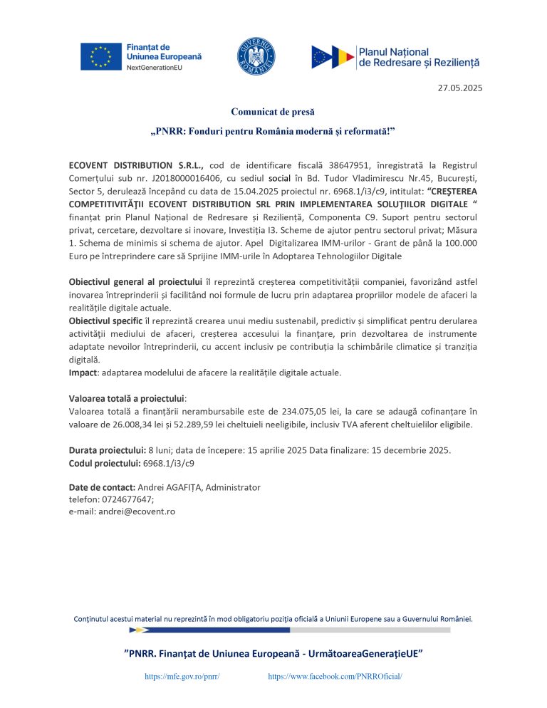 Comunicat de presă ECOVENT DISTRIBUTION S.R.L.