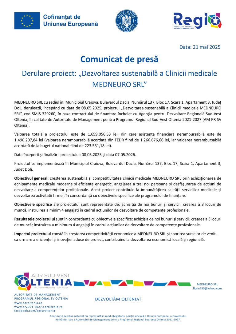 Comunicat de presă MEDNEURO SRL