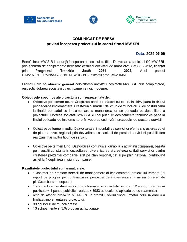 Comunicat de presă MW S.R.L.