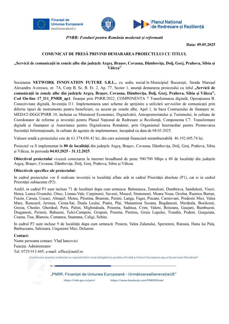 Comunicat de presă NETWORK INNOVATION FUTURE S.R.L. (1)