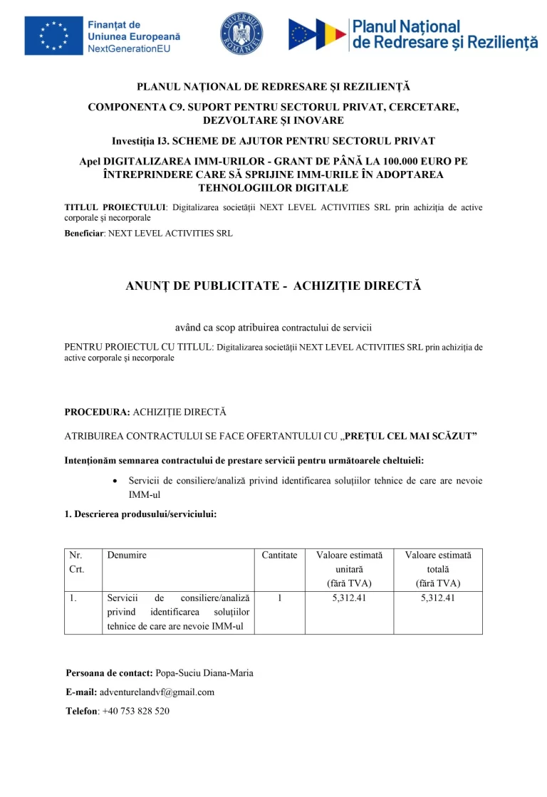 ANUNȚ DE PUBLICITATE NEXT LEVEL ACTIVITIES SRL