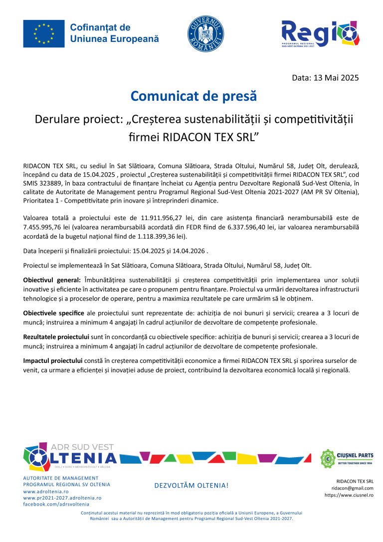 Comunicat de presă RIDACON TEX SRL
