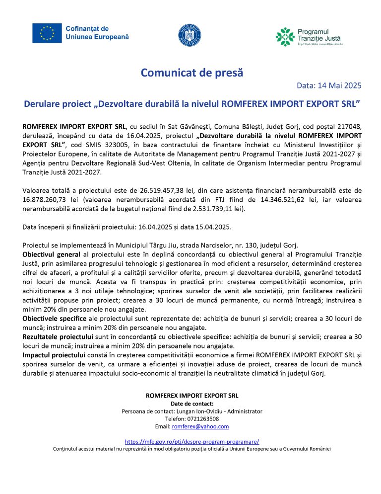 Comunicat de presă ROMFEREX IMPORT EXPORT SRL