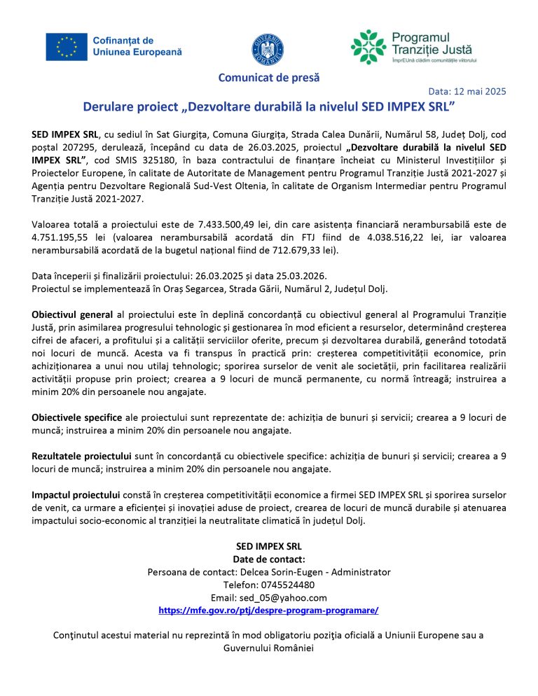 Comunicat de presă SED IMPEX SRL