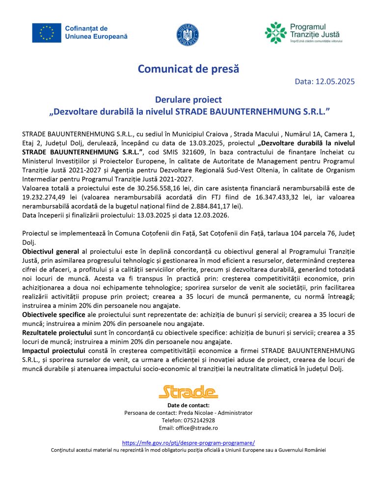 Comunicat de presă STRADE BAUUNTERNEHMUNG S.R.L.