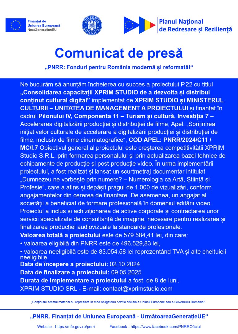 Comunicat de presă XPRIM STUDIO SRL
