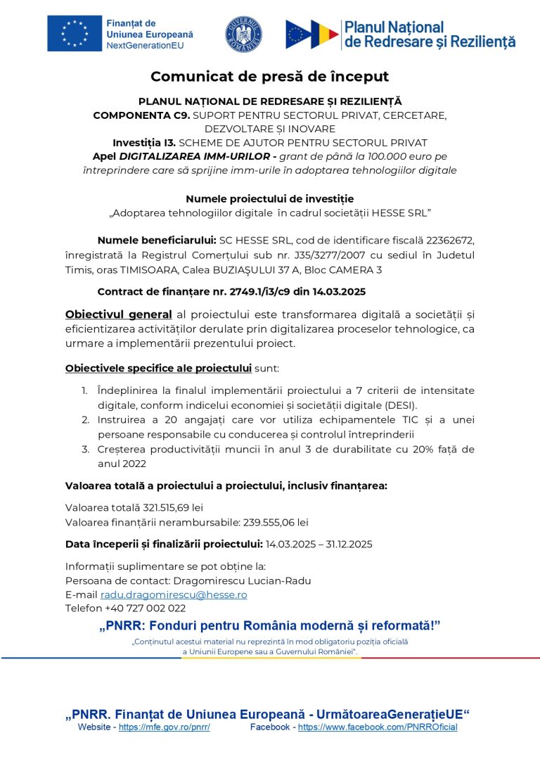 Comunicat de presă HESSE SRL