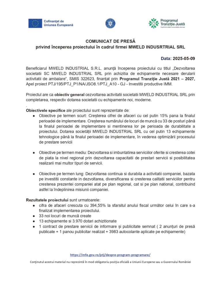 Comunicat de presă MWELD INDUSTRIAL SRL