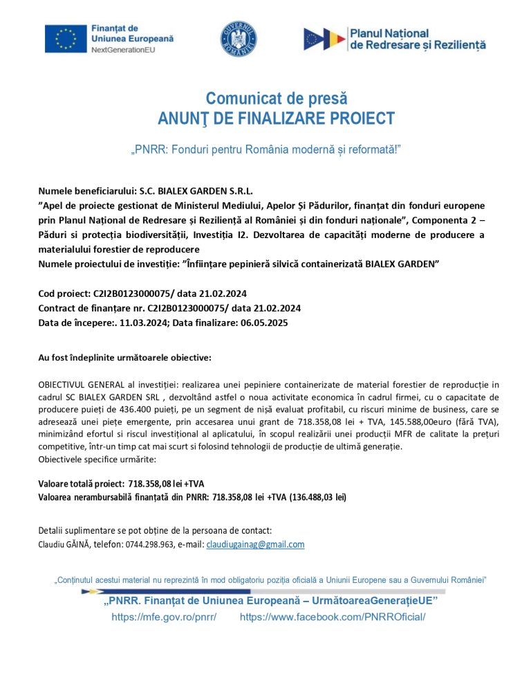 Comunicat de presă BIALEX GARDEN SRL