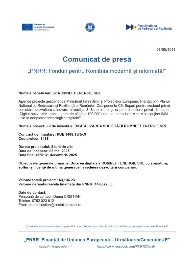 Comunicat de presă ROMNEFT ENERGIE SRL