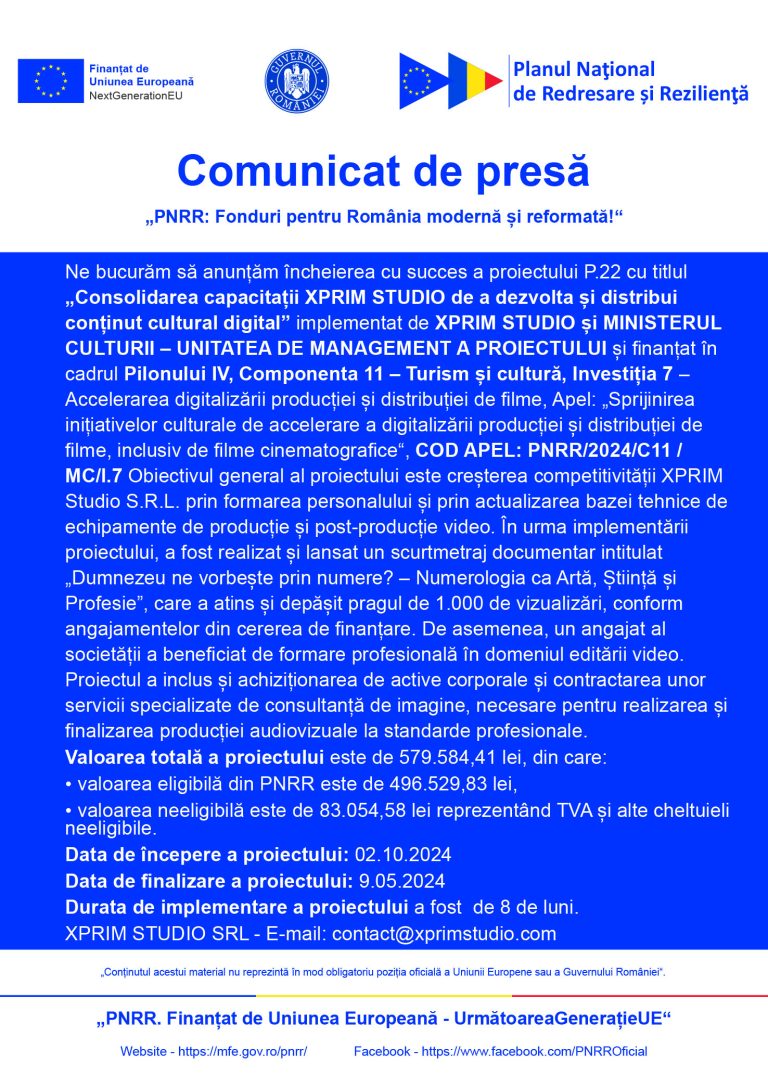 Comunicat de presă XPRIM STUDIO SRL