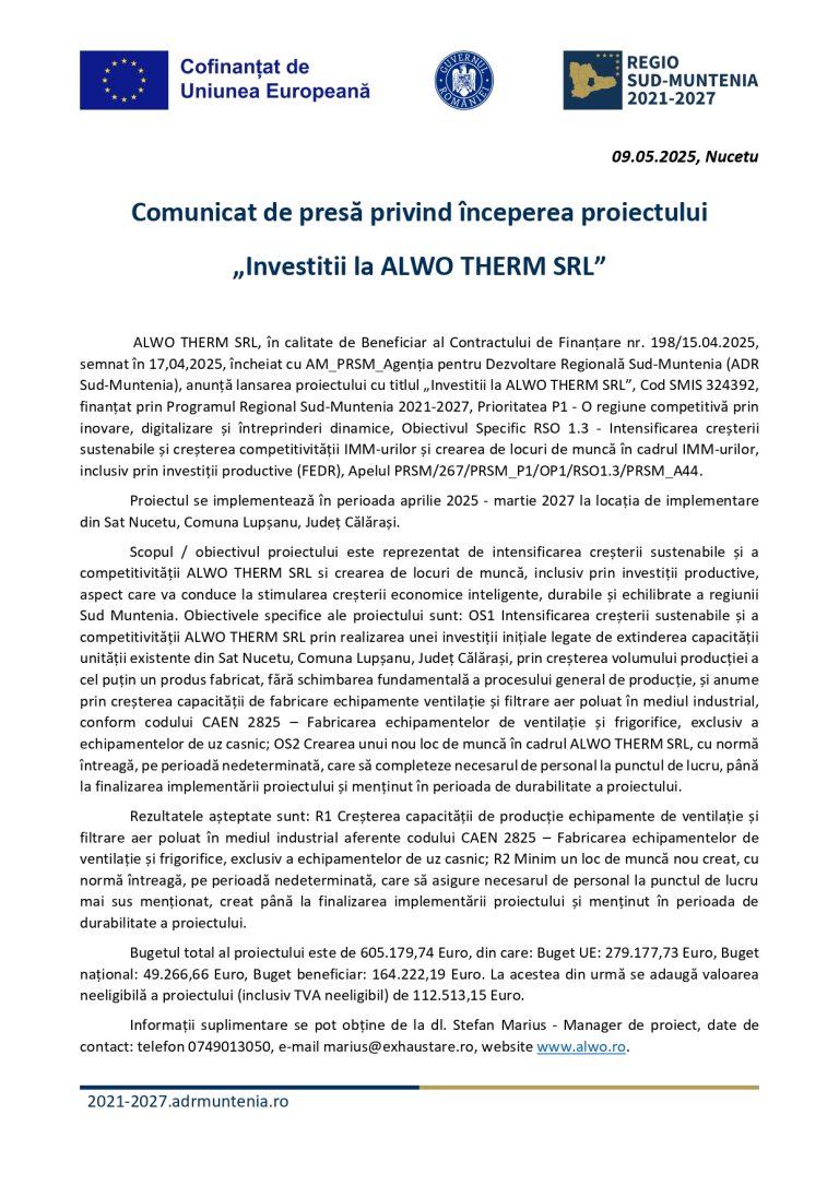Comunicat de presă ALWO THERM SRL