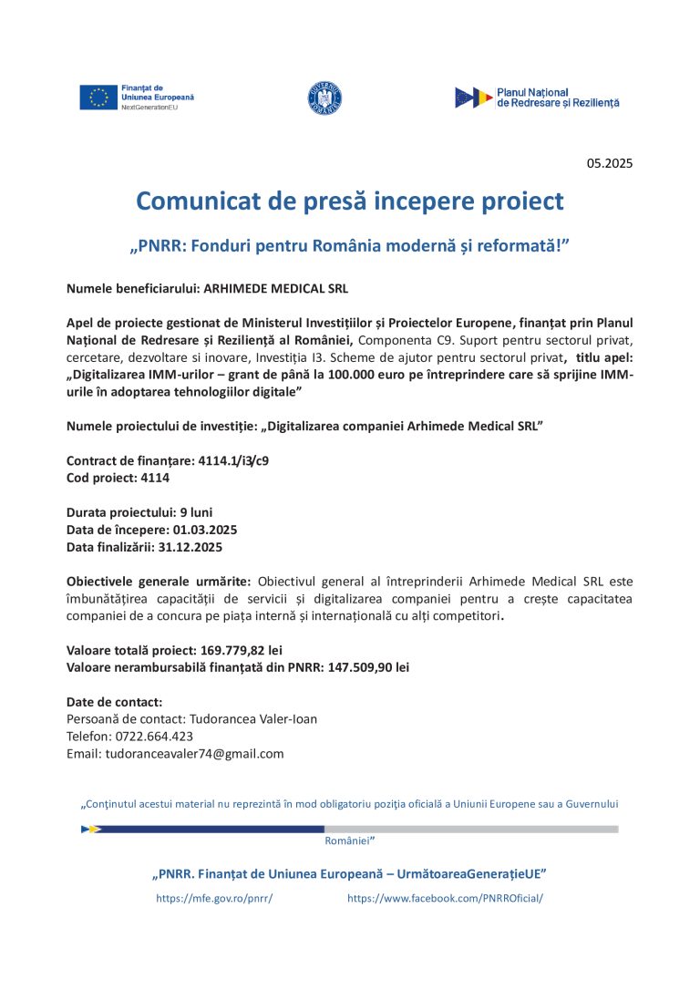 Comunicat de presă ARHIMEDE MEDICAL SRL