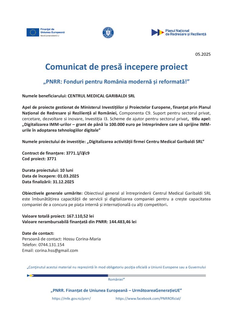 Comunicat de presă CENTRUL MEDICAL GARIBALDI SRL